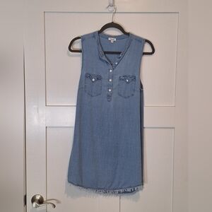 Splendid Chambray Sleeveless Shirt Tank Dress Mini Frayed Hem Medium Flap Pockts
